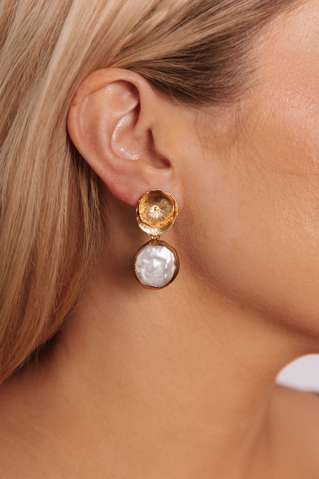 16k Gold Lotus Earrings with Baroque Pearls Post Sterling Silver Reese Earrings