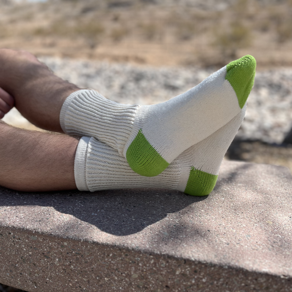 Men's 100% Cotton Regular Crew Socks Natural Color with Green Heel and Toe