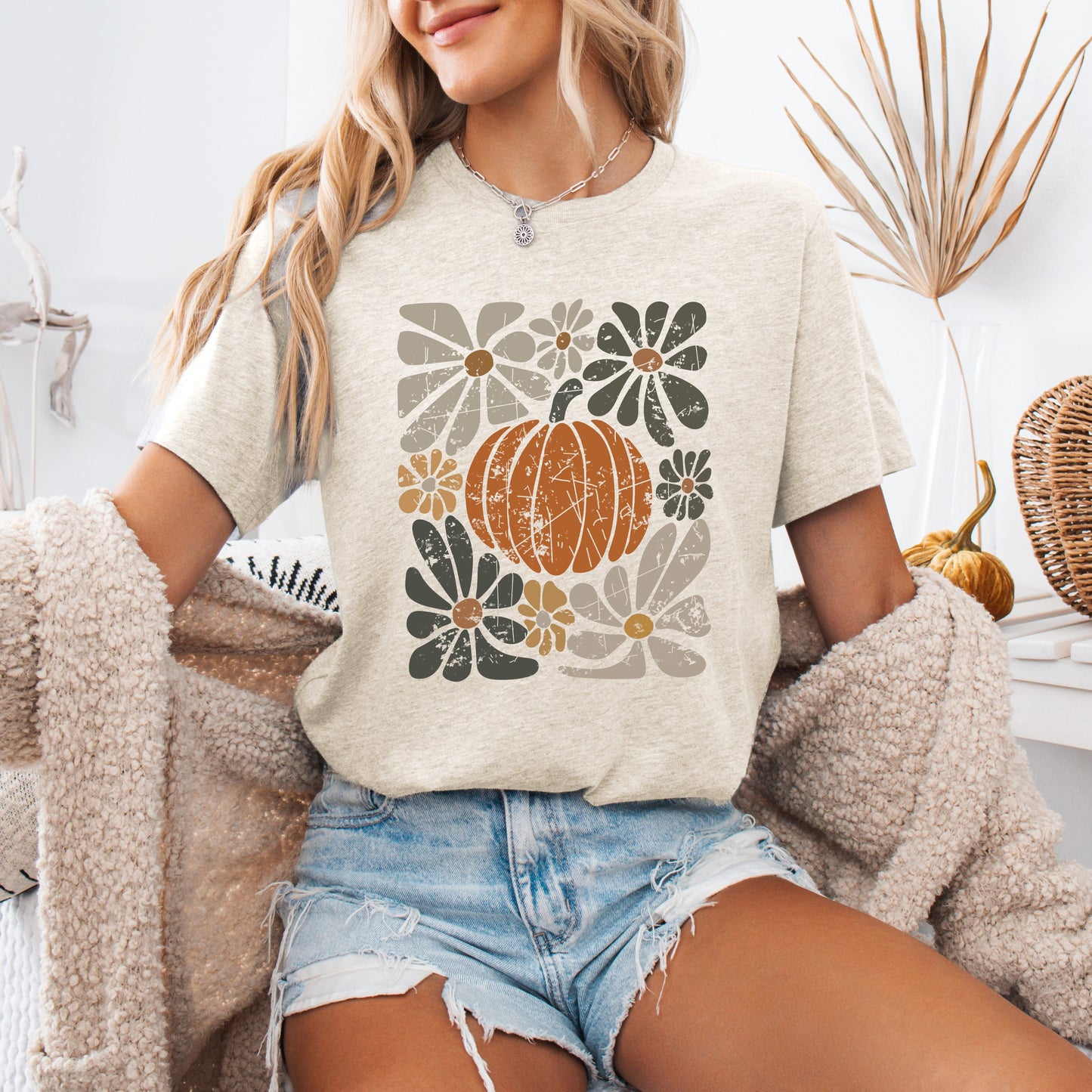 Retro Autumn, Pumpkin and Flowers, Fall, Halloween, Tshirt