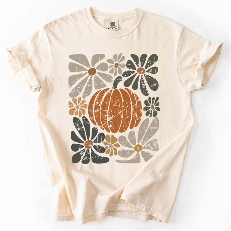 Retro Autumn Pumpkin and Flowers Comfort Colors T-Shirt Refinery Number One
