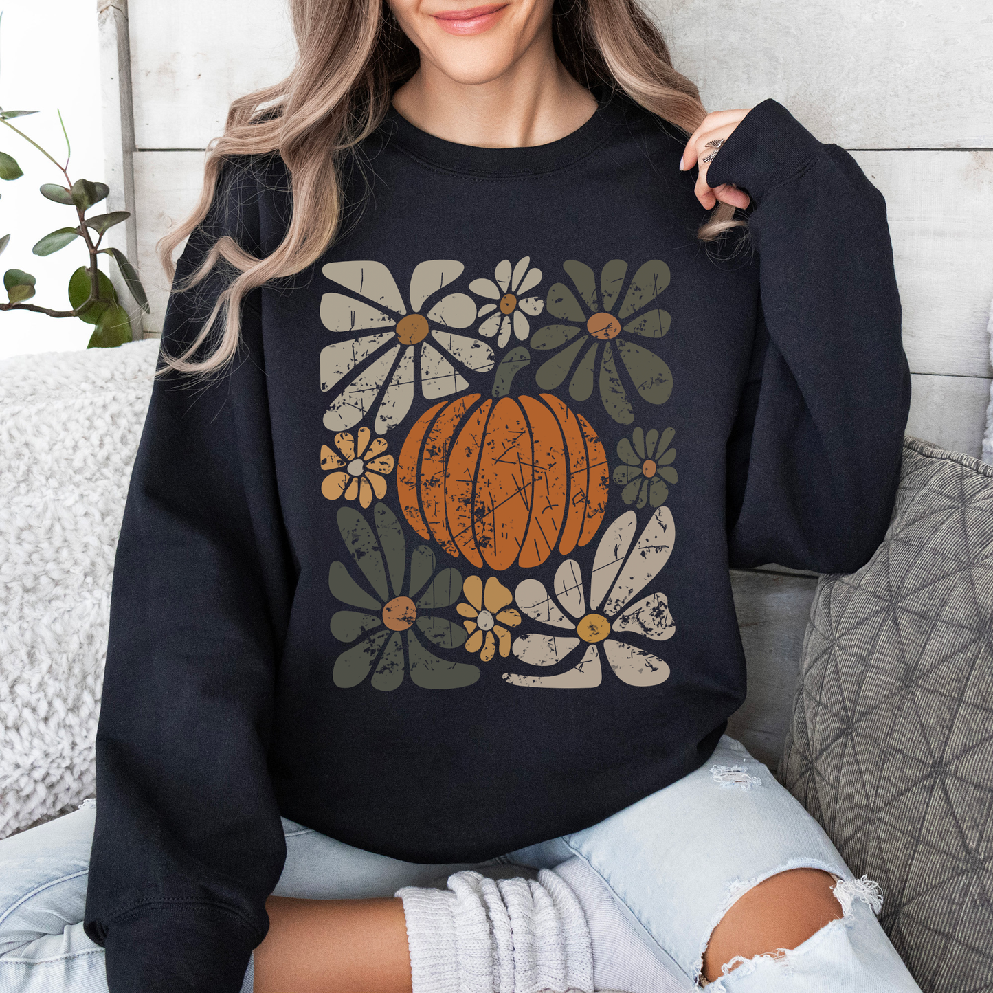 Retro Autumn, Pumpkin and Flowers, Fall, Halloween Sweatshirt