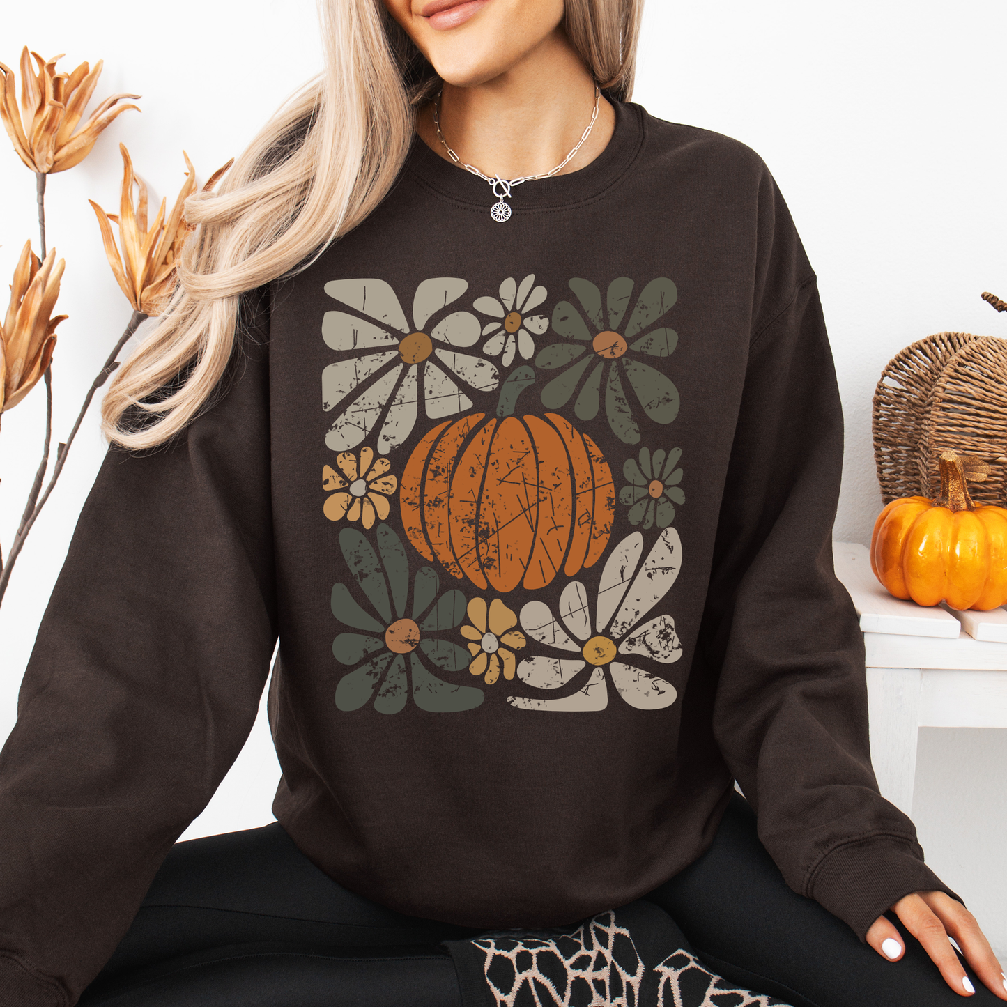 Retro Autumn, Pumpkin and Flowers, Fall, Halloween Sweatshirt