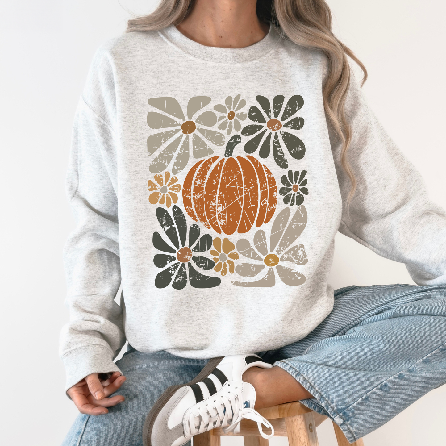 Retro Autumn, Pumpkin and Flowers, Fall, Halloween Sweatshirt