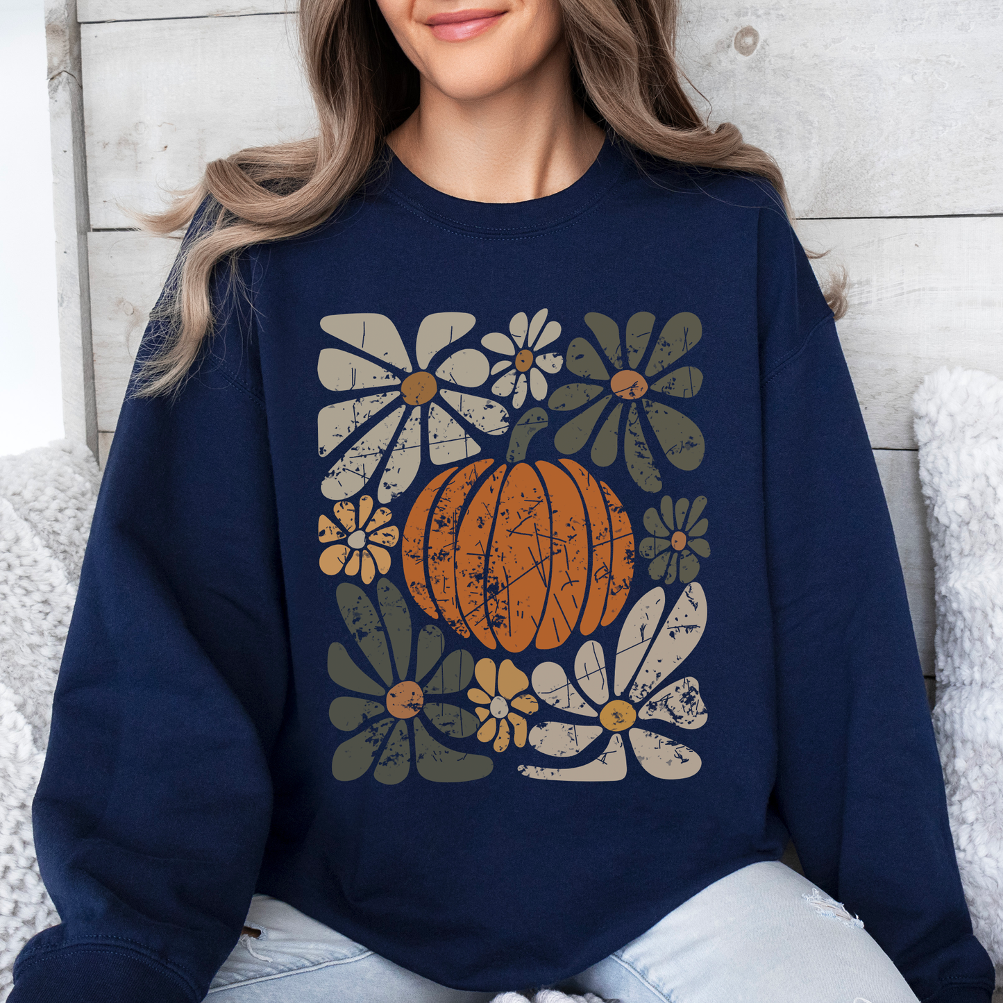 Retro Autumn, Pumpkin and Flowers, Fall, Halloween Sweatshirt