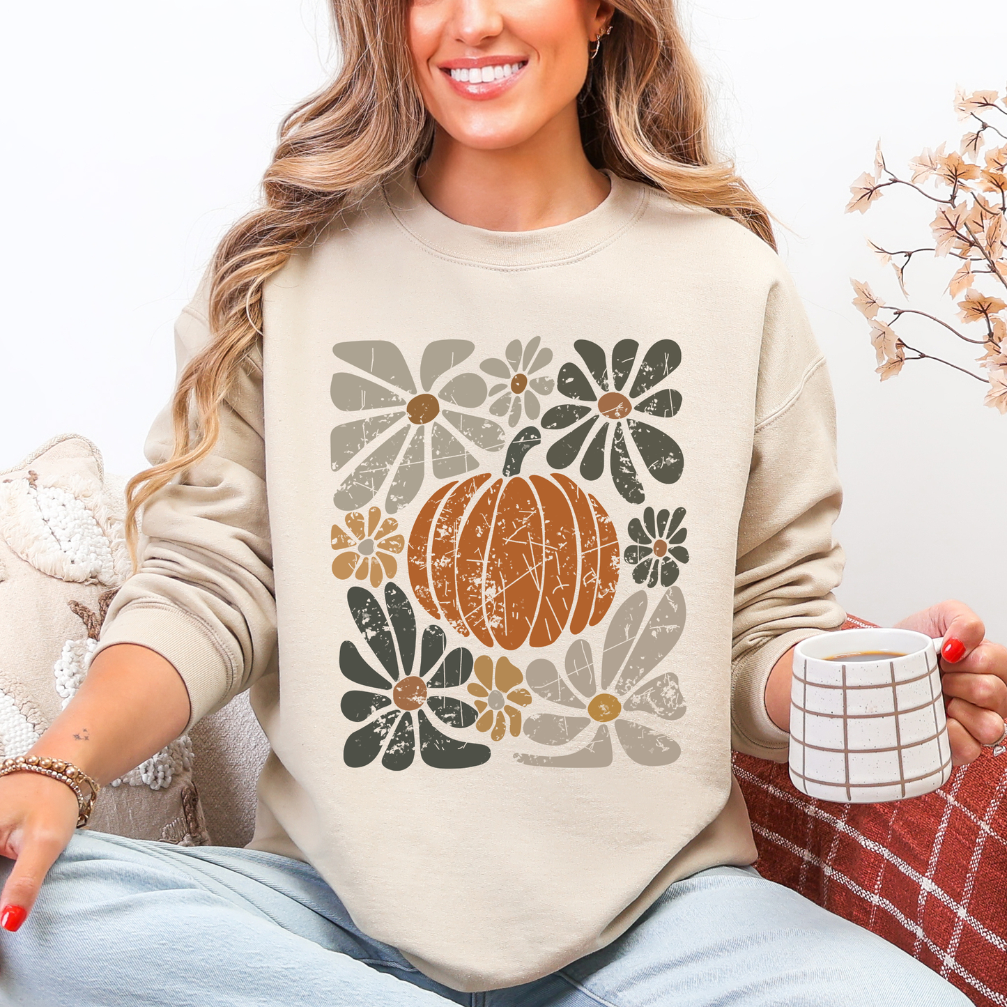 Retro Autumn, Pumpkin and Flowers, Fall, Halloween Sweatshirt