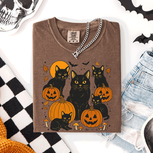 Retro Black Cats, Pumpkins, Halloween, Spooky, Comfort Colors T-Shirt