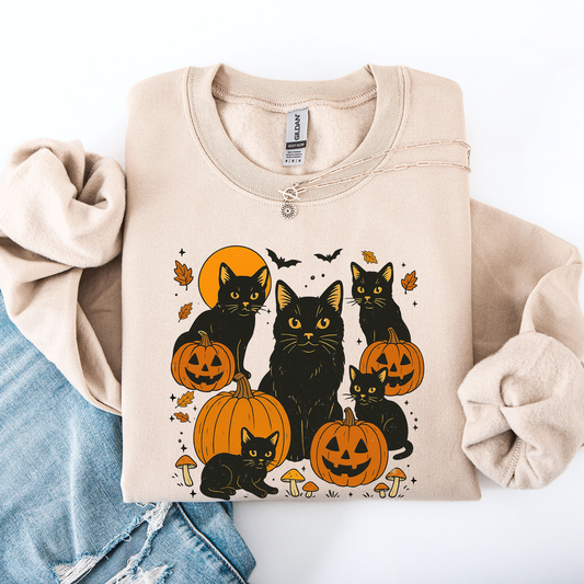 Retro Black Cats, Pumpkins, Halloween, Spooky Sweatshirt