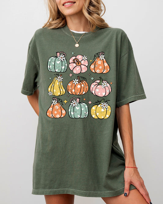 Retro Colorful Floral Pumpkins, Halloween, Jack-o-lantern, Fall, Autumn Shirt Comfort Colors T-Shirt