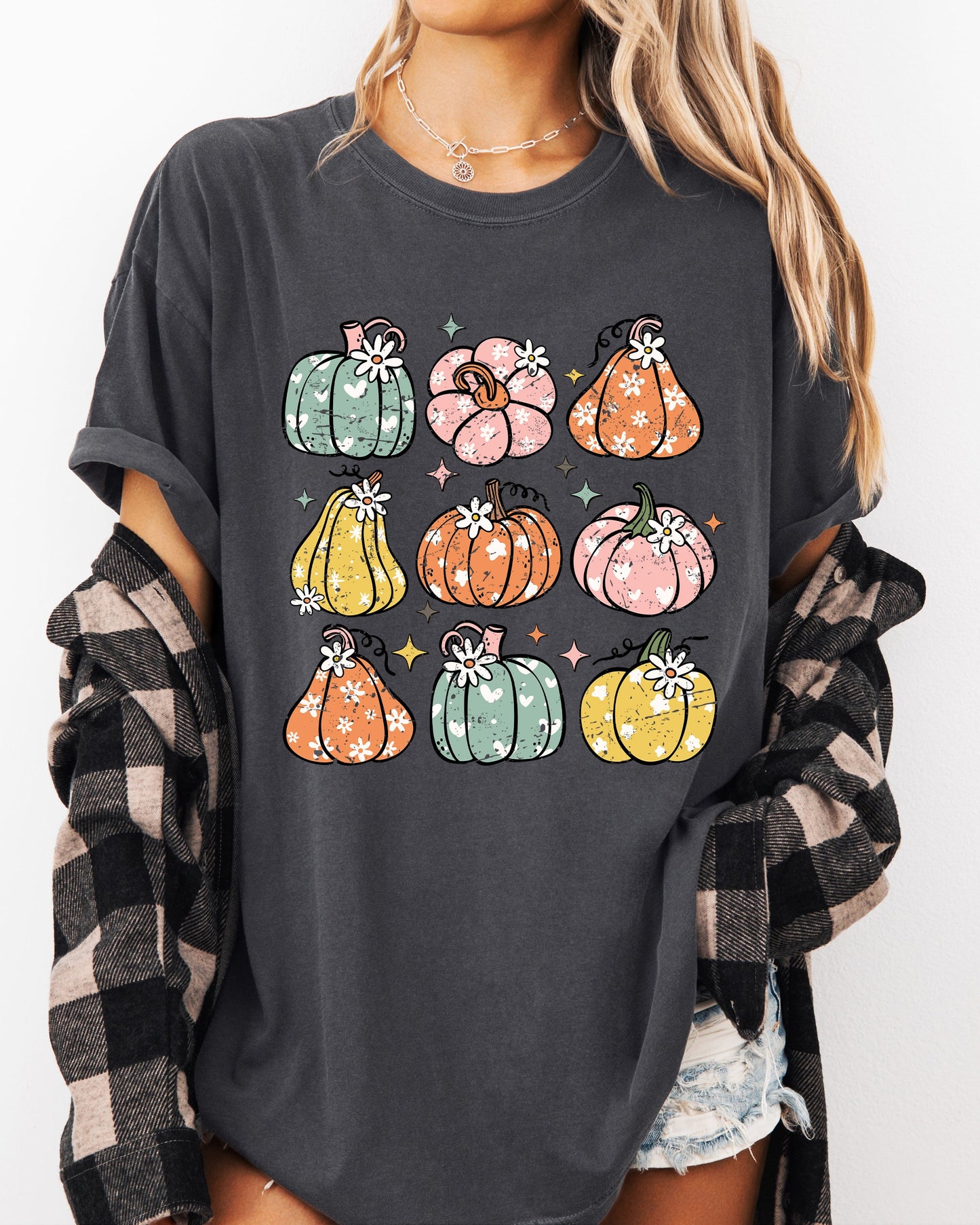 Retro Colorful Floral Pumpkins, Halloween, Jack-o-lantern, Fall, Autumn Shirt Comfort Colors T-Shirt