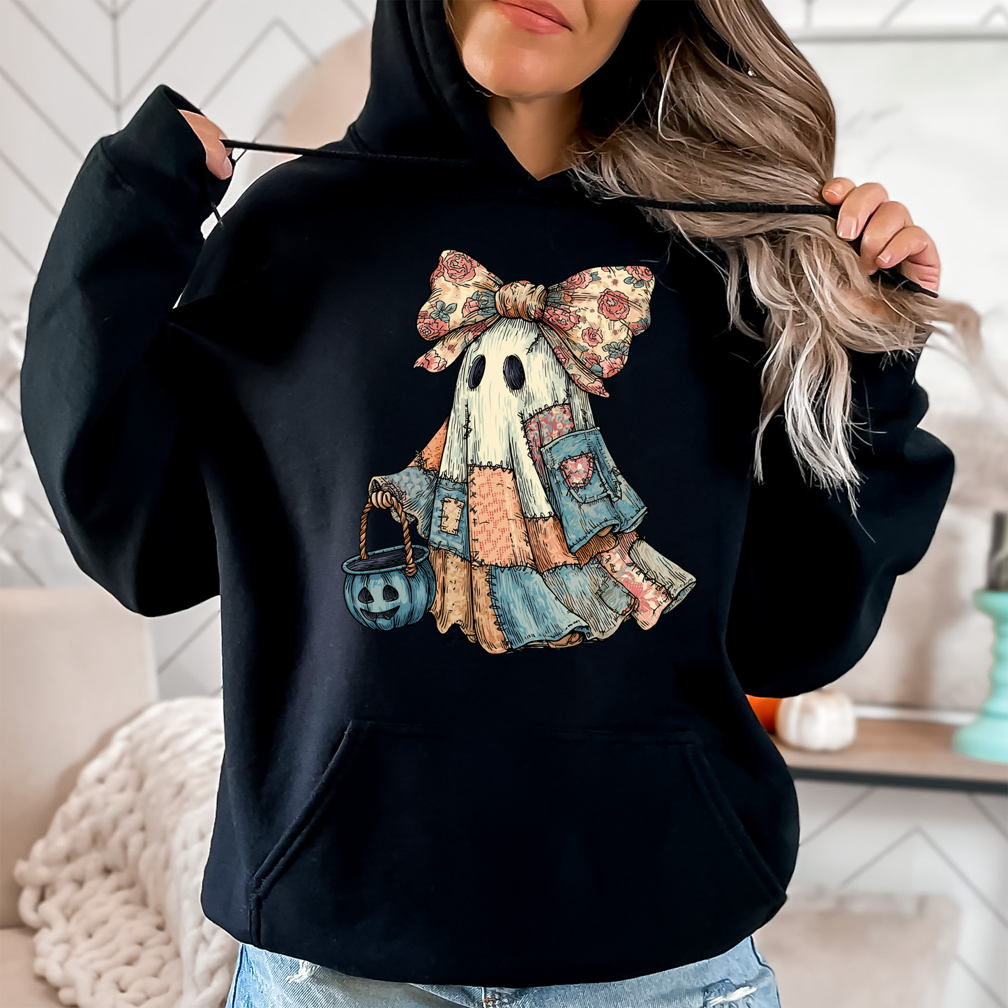 Retro Halloween Faux Denim Ghost, Faux Patchwork Spooky Ghost, Cute Boo Ghost Coquette, Fall Pumpkin, Spooky Season, Graphic Hoodie, Hooded Sweatshirt