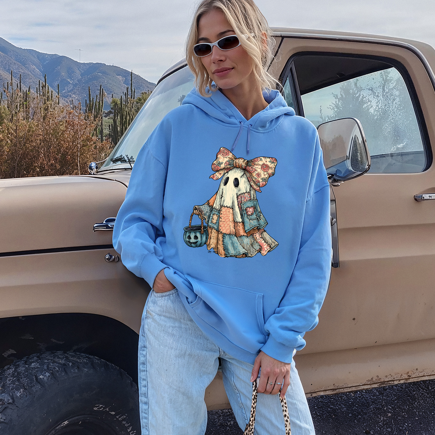 Retro Halloween Faux Denim Ghost, Faux Patchwork Spooky Ghost, Cute Boo Ghost Coquette, Fall Pumpkin, Spooky Season, Graphic Hoodie, Hooded Sweatshirt