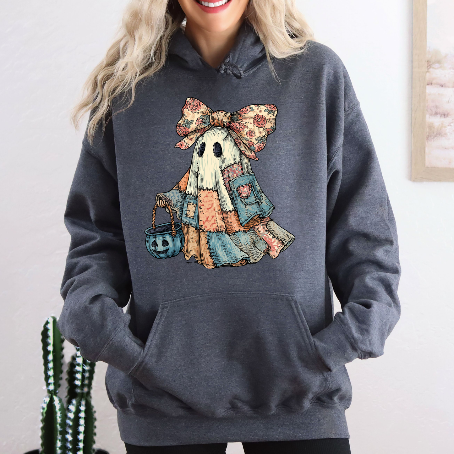 Retro Halloween Faux Denim Ghost, Faux Patchwork Spooky Ghost, Cute Boo Ghost Coquette, Fall Pumpkin, Spooky Season, Graphic Hoodie, Hooded Sweatshirt