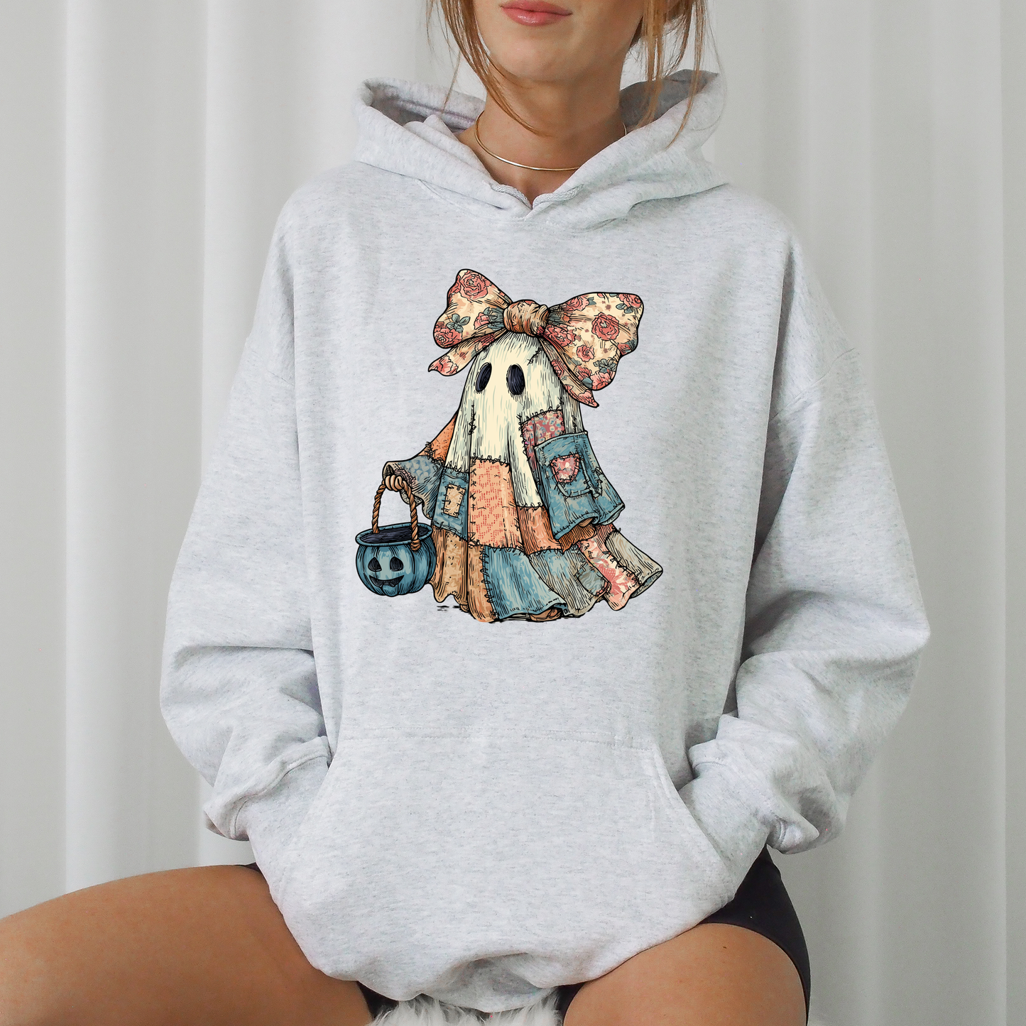 Retro Halloween Faux Denim Ghost, Faux Patchwork Spooky Ghost, Cute Boo Ghost Coquette, Fall Pumpkin, Spooky Season, Graphic Hoodie, Hooded Sweatshirt