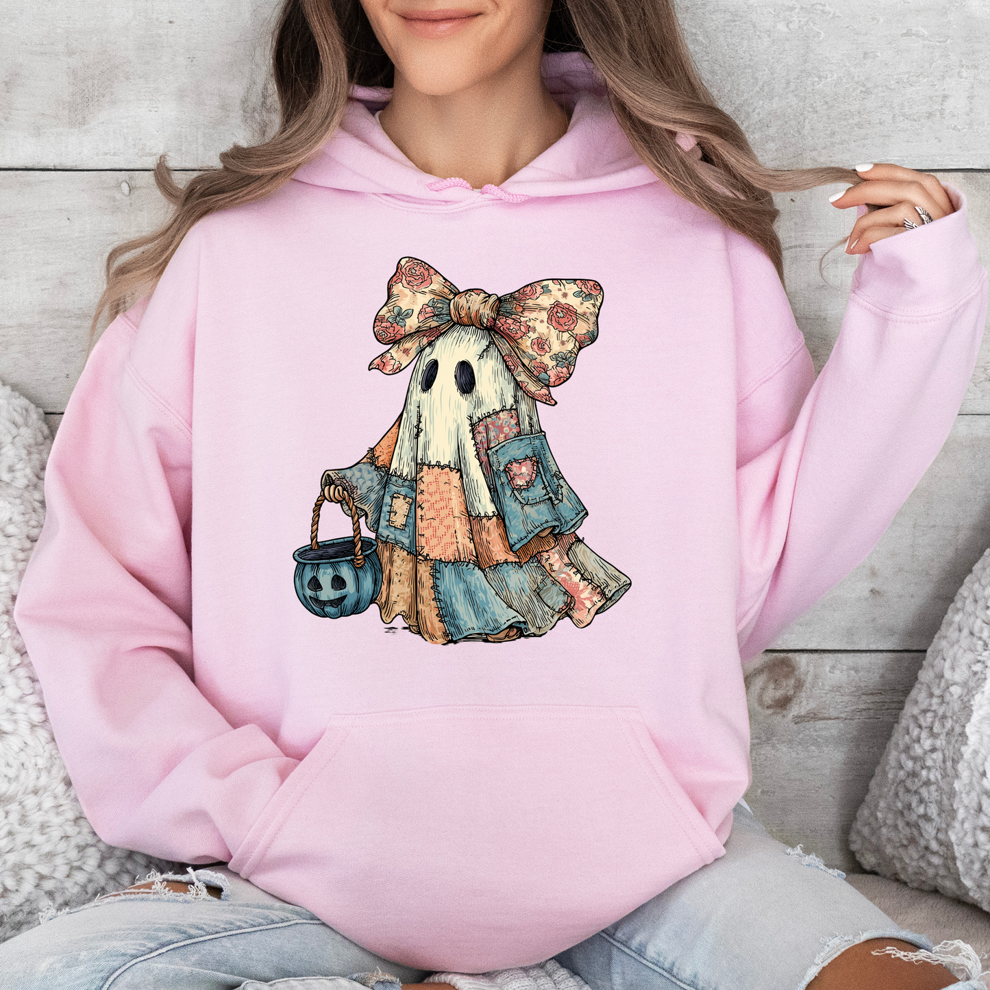 Retro Halloween Faux Denim Ghost, Faux Patchwork Spooky Ghost, Cute Boo Ghost Coquette, Fall Pumpkin, Spooky Season, Graphic Hoodie, Hooded Sweatshirt
