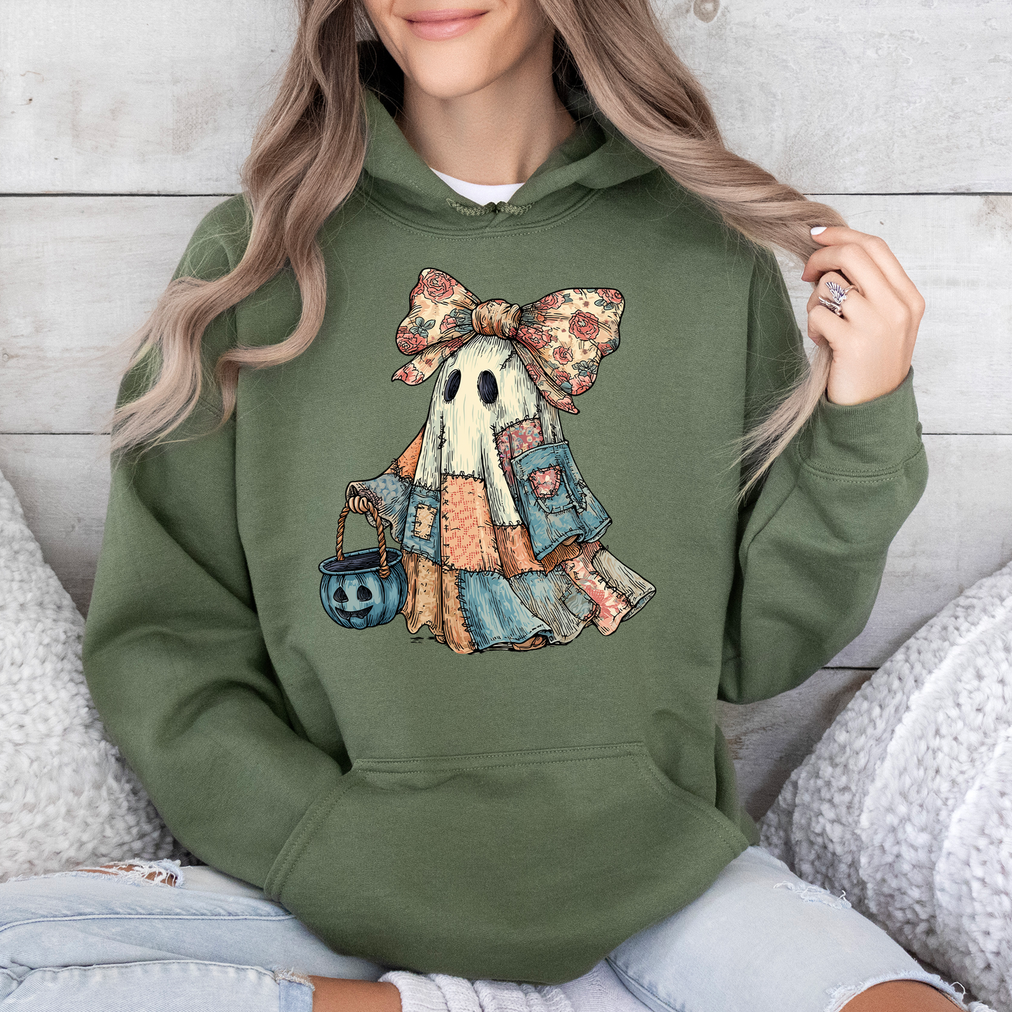 Retro Halloween Faux Denim Ghost, Faux Patchwork Spooky Ghost, Cute Boo Ghost Coquette, Fall Pumpkin, Spooky Season, Graphic Hoodie, Hooded Sweatshirt