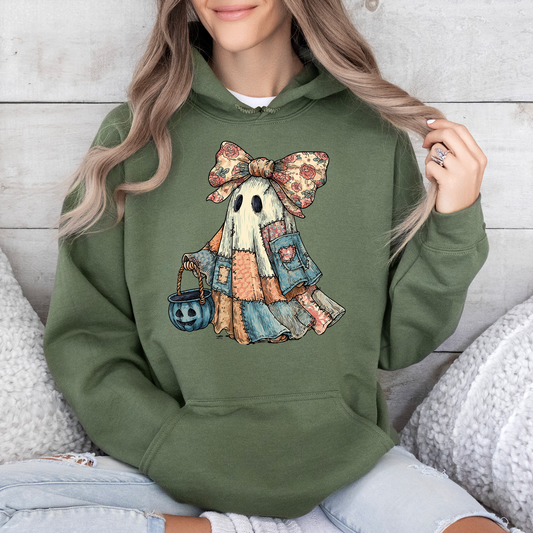 Retro Halloween Faux Denim Ghost, Faux Patchwork Spooky Ghost, Cute Boo Ghost Coquette, Fall Pumpkin, Spooky Season, Graphic Hoodie, Hooded Sweatshirt