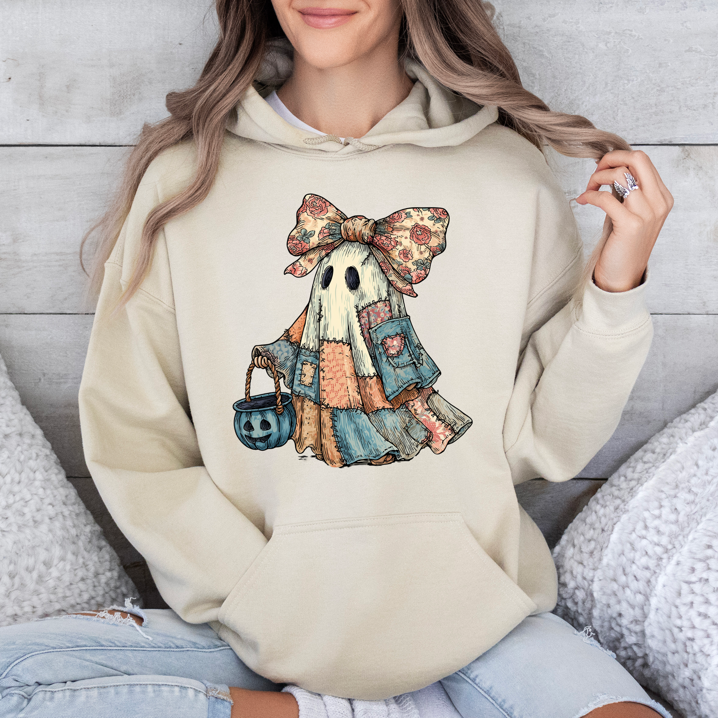 Retro Halloween Faux Denim Ghost, Faux Patchwork Spooky Ghost, Cute Boo Ghost Coquette, Fall Pumpkin, Spooky Season, Graphic Hoodie, Hooded Sweatshirt