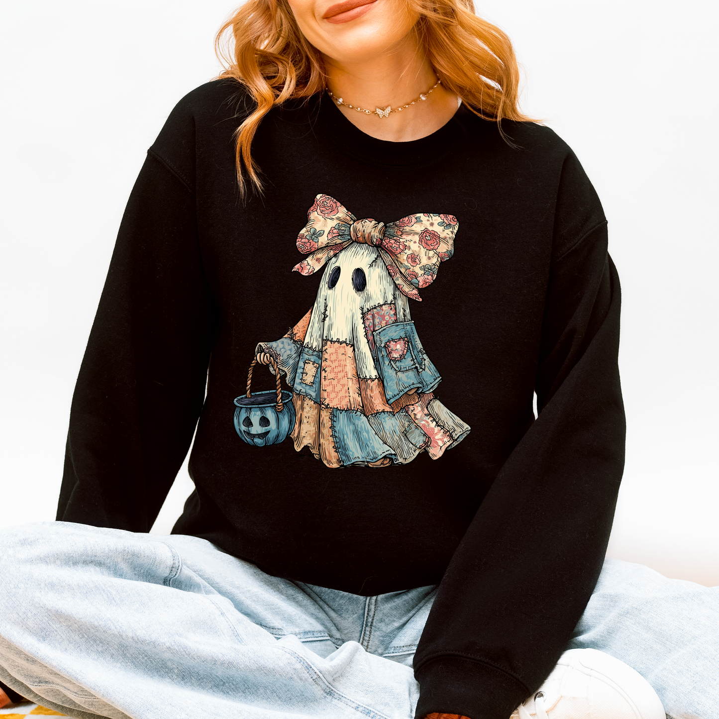 Retro Halloween Faux Denim Ghost, Faux Patchwork Spooky Ghost, Cute Boo Ghost Coquette, Fall Pumpkin, Spooky Season, Halloween Sweatshirt