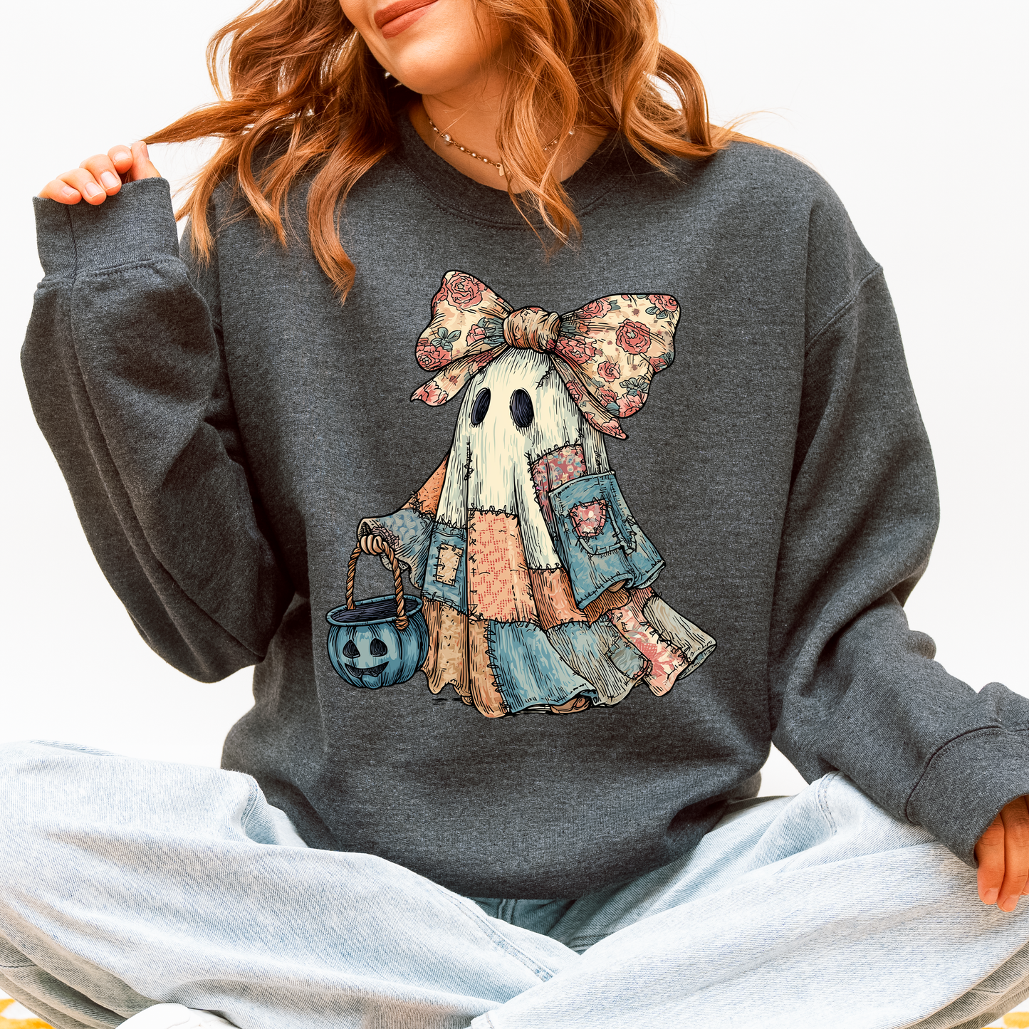 Retro Halloween Faux Denim Ghost, Faux Patchwork Spooky Ghost, Cute Boo Ghost Coquette, Fall Pumpkin, Spooky Season, Halloween Sweatshirt