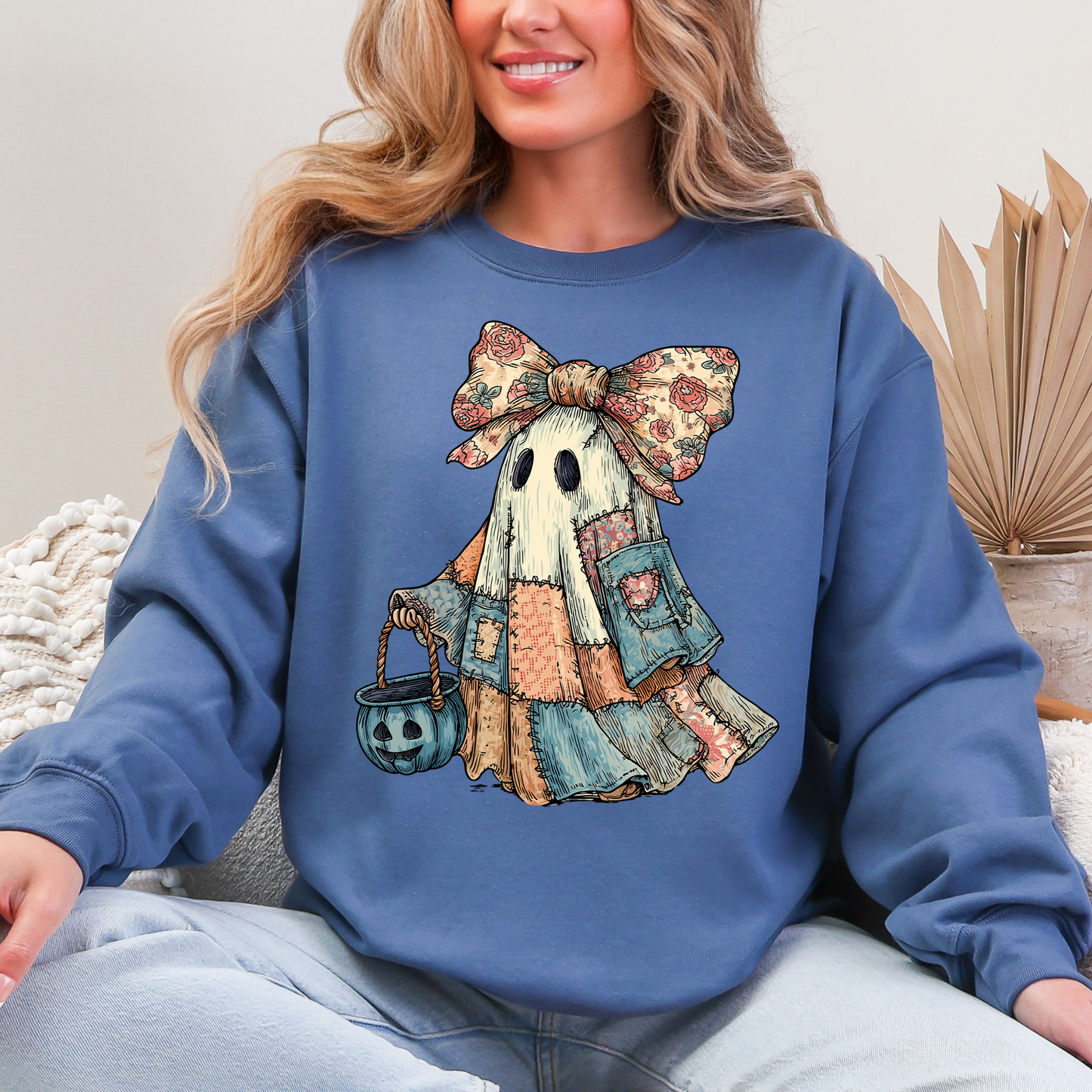Retro Halloween Faux Denim Ghost, Faux Patchwork Spooky Ghost, Cute Boo Ghost Coquette, Fall Pumpkin, Spooky Season, Halloween Sweatshirt