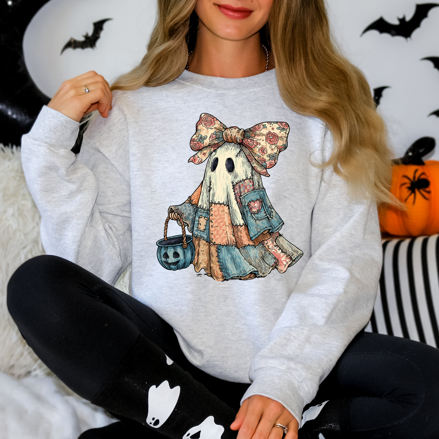 Retro Halloween Faux Denim Ghost, Faux Patchwork Spooky Ghost, Cute Boo Ghost Coquette, Fall Pumpkin, Spooky Season, Halloween Sweatshirt