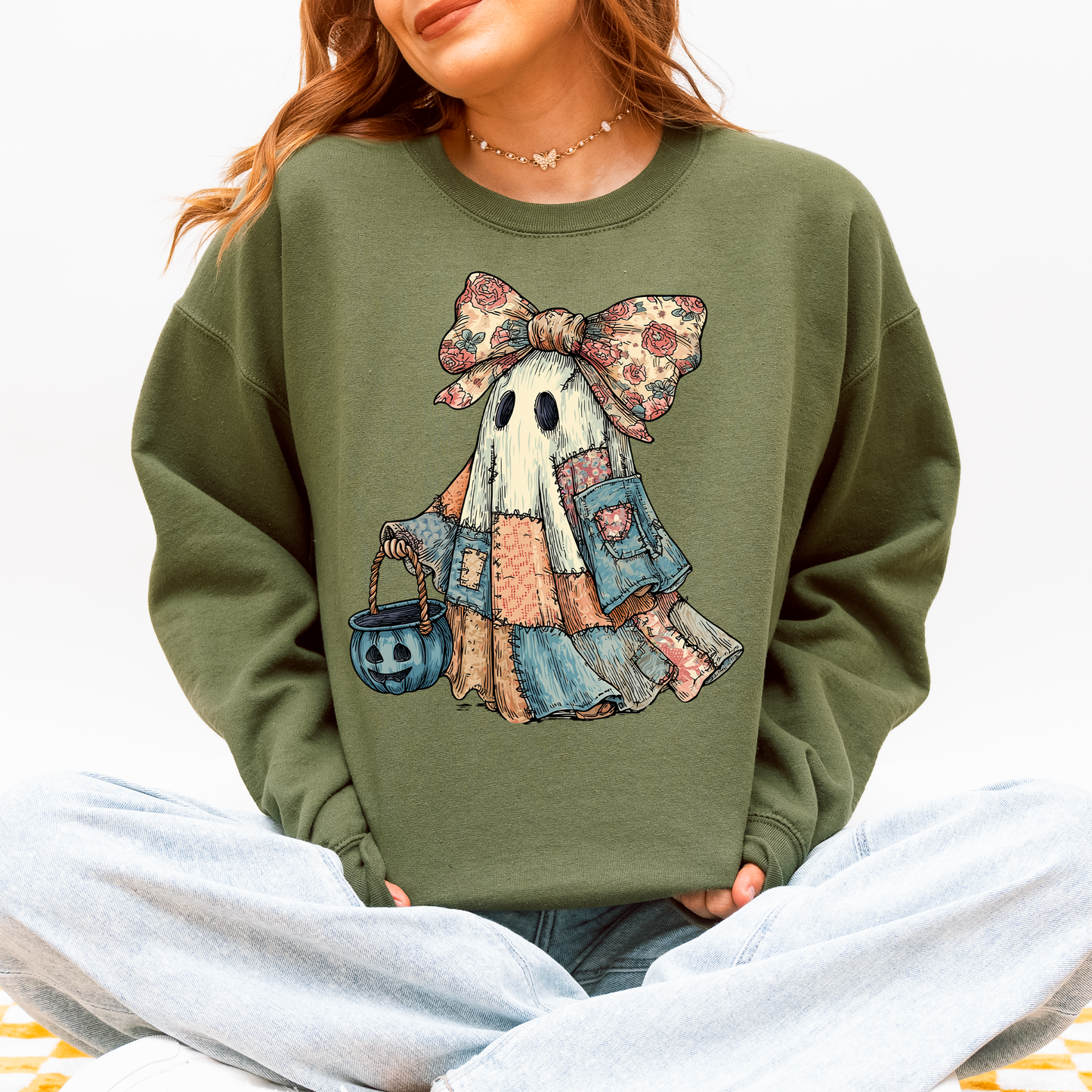 Retro Halloween Faux Denim Ghost, Faux Patchwork Spooky Ghost, Cute Boo Ghost Coquette, Fall Pumpkin, Spooky Season, Halloween Sweatshirt