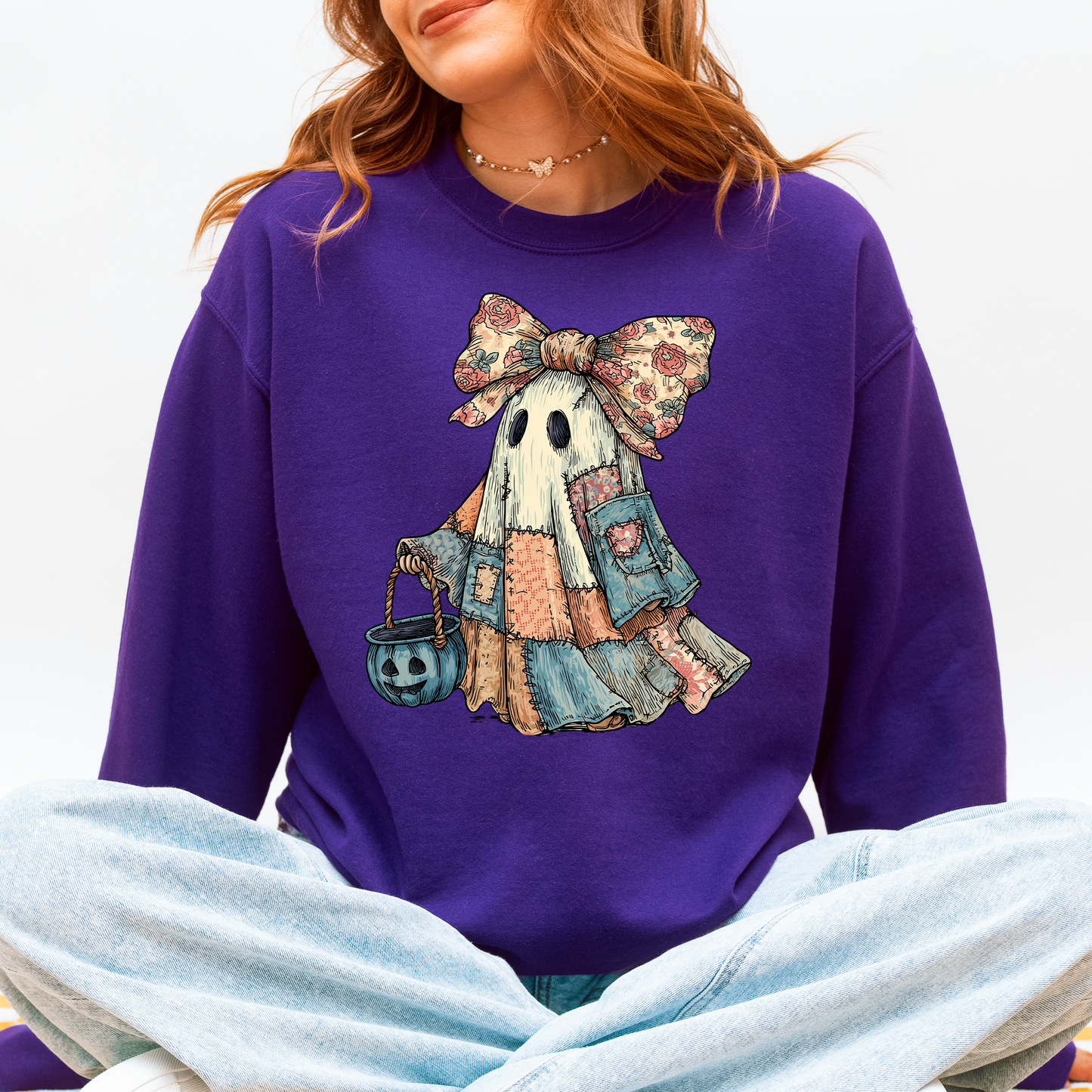 Retro Halloween Faux Denim Ghost, Faux Patchwork Spooky Ghost, Cute Boo Ghost Coquette, Fall Pumpkin, Spooky Season, Halloween Sweatshirt