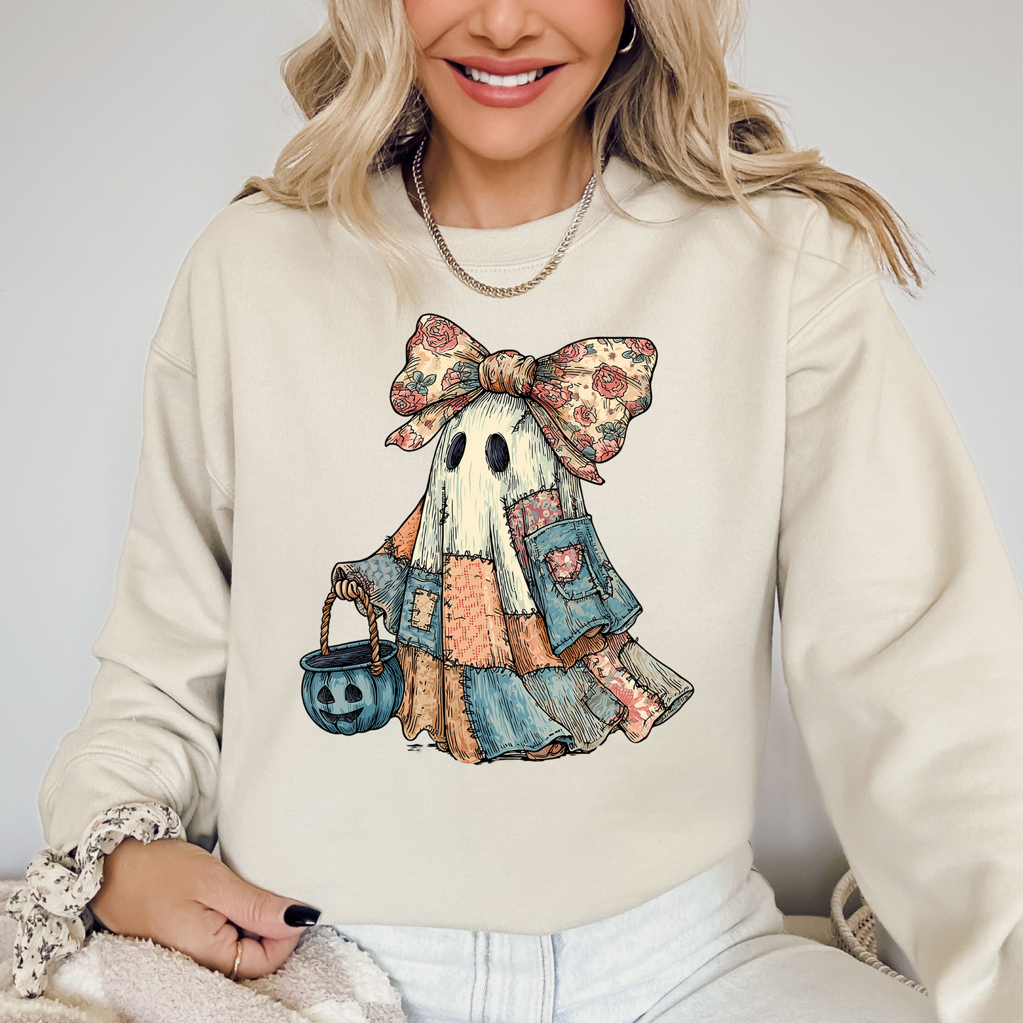 Retro Halloween Faux Denim Ghost, Faux Patchwork Spooky Ghost, Cute Boo Ghost Coquette, Fall Pumpkin, Spooky Season, Halloween Sweatshirt