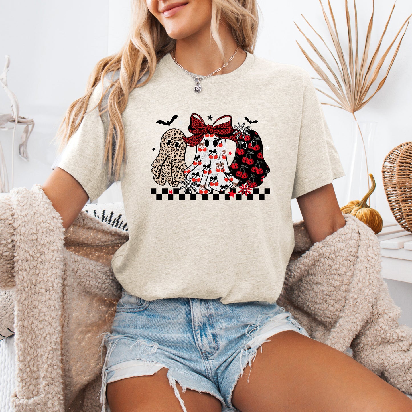 Retro Halloween Ghosts, Checkered, Pattern, Tshirt