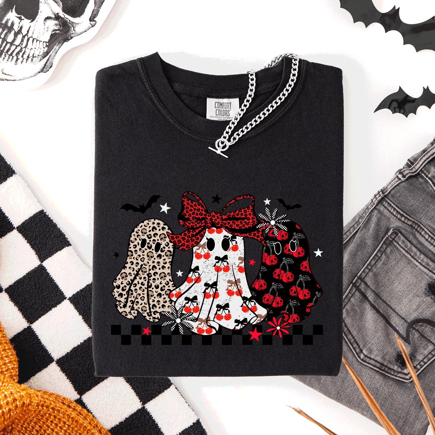 Retro Halloween Ghosts, Checkered, Pattern, Comfort Colors T-Shirt