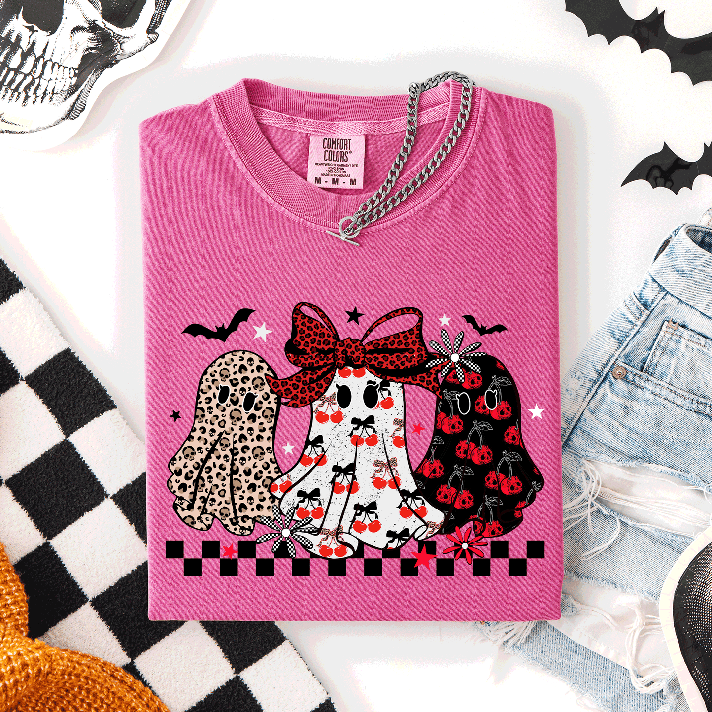 Retro Halloween Ghosts, Checkered, Pattern, Comfort Colors T-Shirt