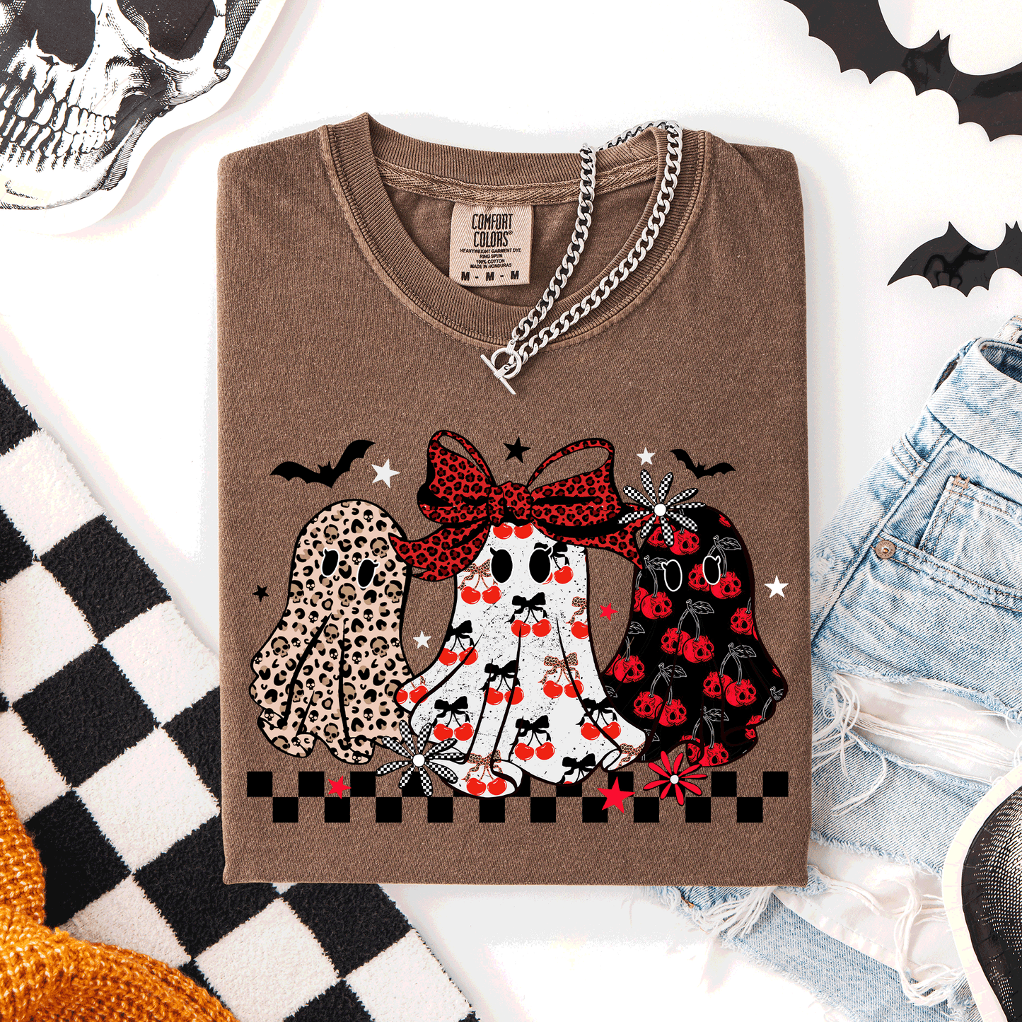 Retro Halloween Ghosts, Checkered, Pattern, Comfort Colors T-Shirt