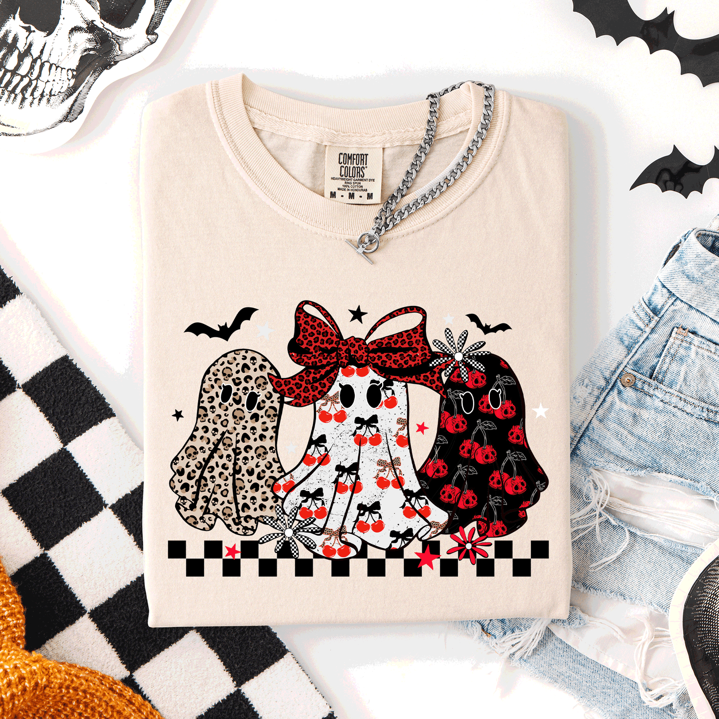 Retro Halloween Ghosts, Checkered, Pattern, Comfort Colors T-Shirt