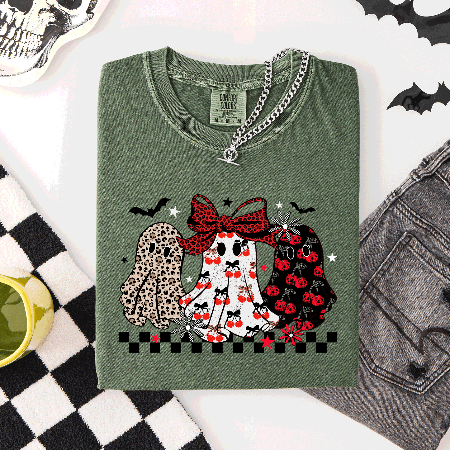 Retro Halloween Ghosts, Checkered, Pattern, Comfort Colors T-Shirt