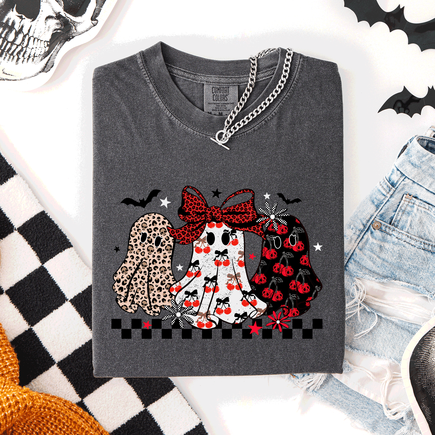 Retro Halloween Ghosts, Checkered, Pattern, Comfort Colors T-Shirt