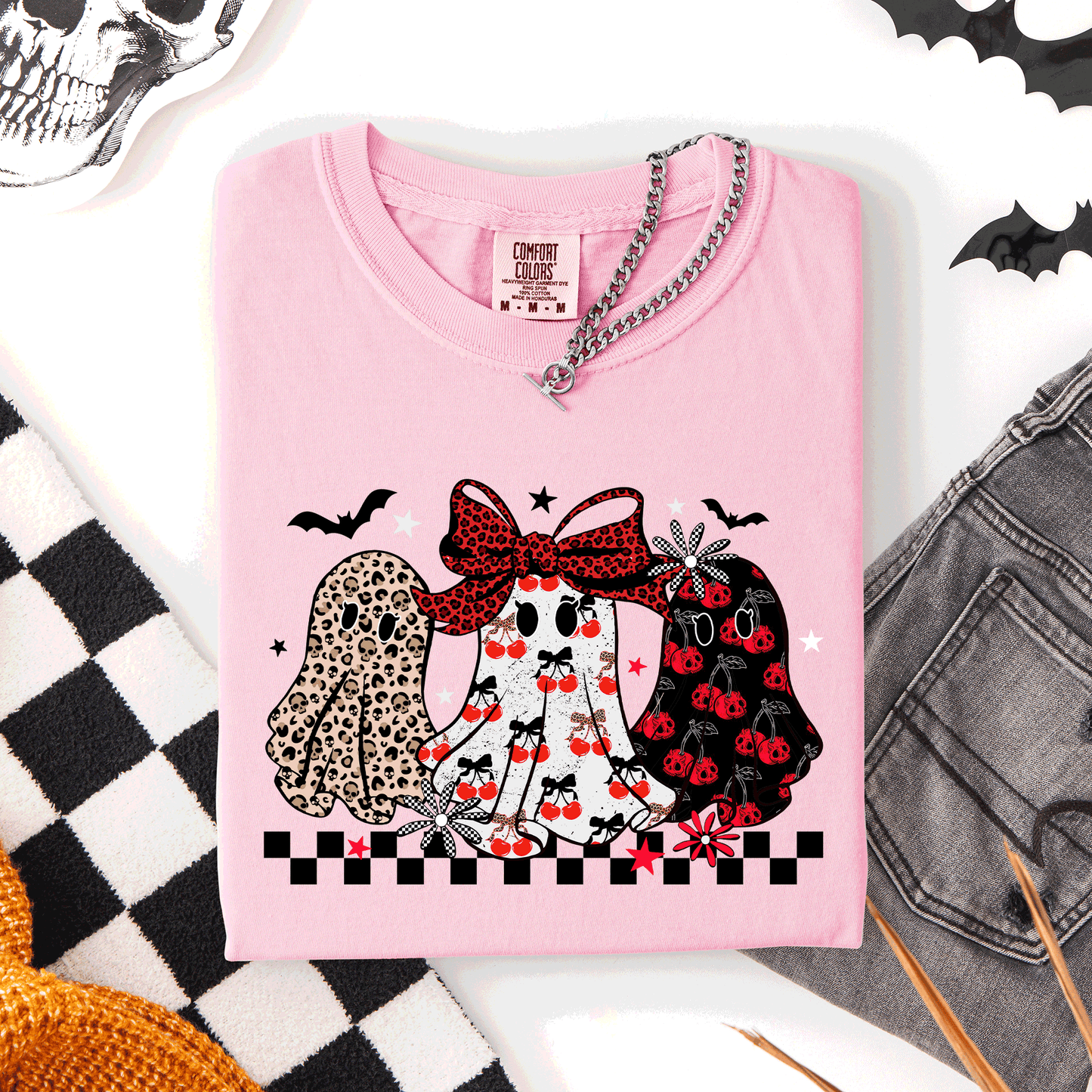 Retro Halloween Ghosts, Checkered, Pattern, Comfort Colors T-Shirt