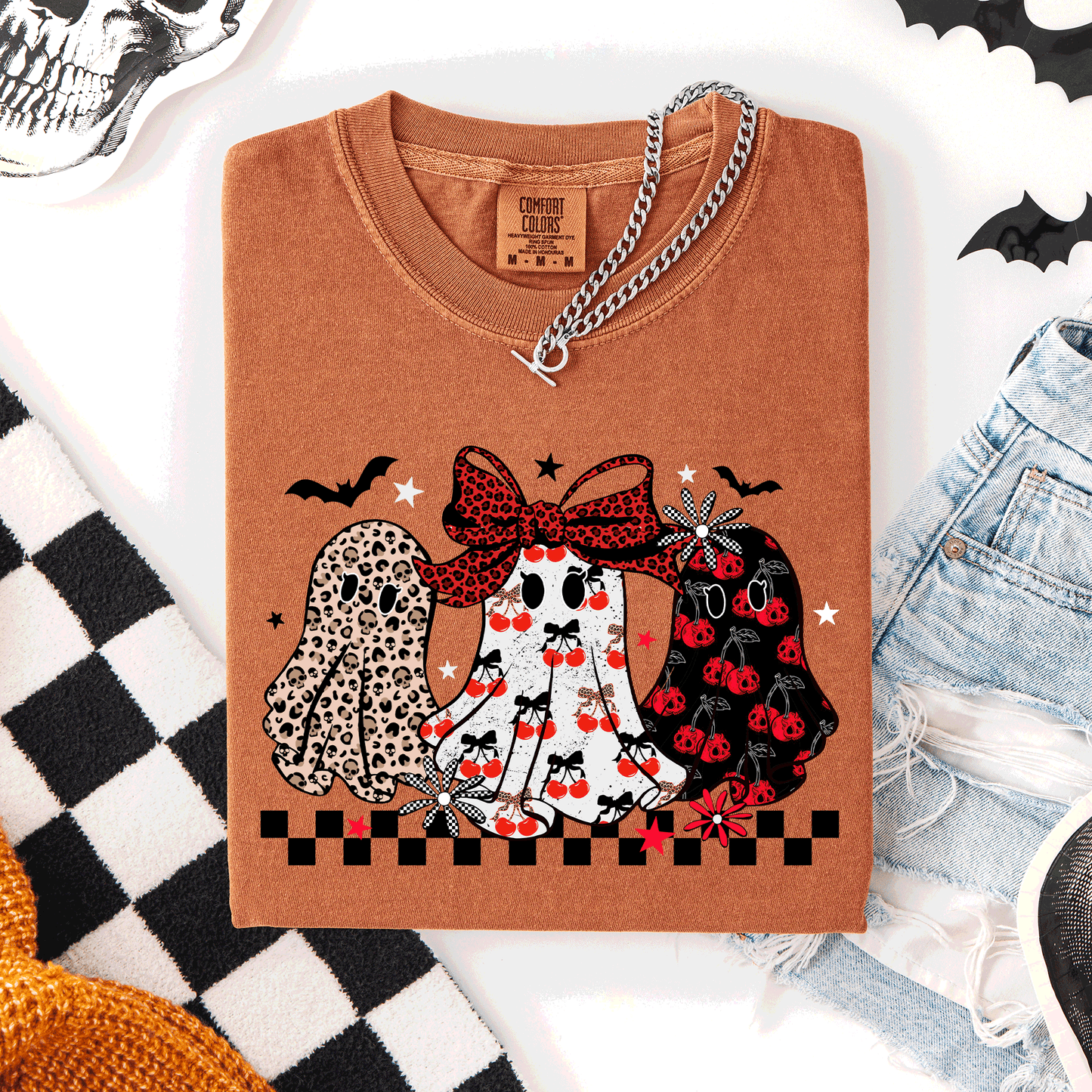 Retro Halloween Ghosts, Checkered, Pattern, Comfort Colors T-Shirt