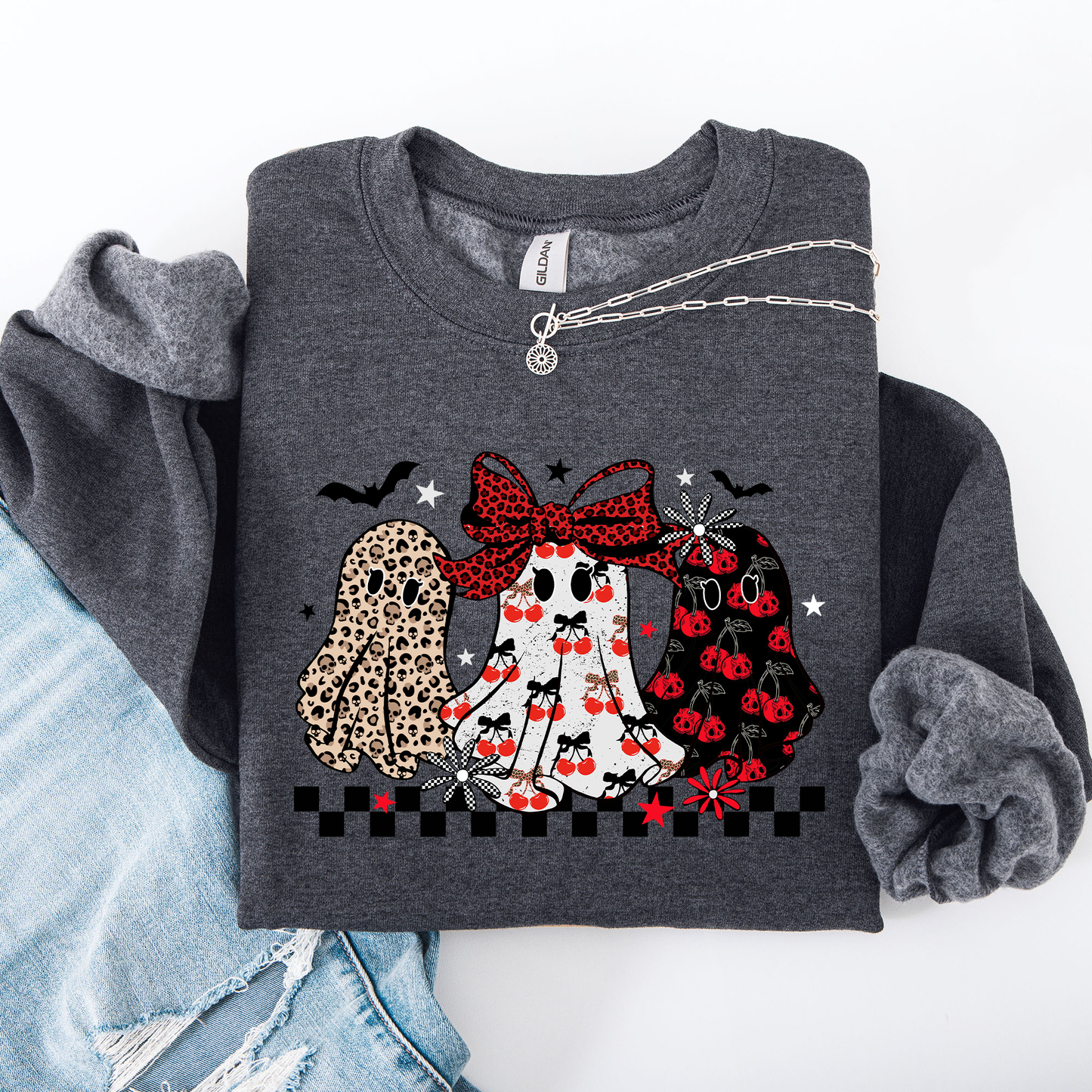 Retro Halloween Ghosts, Checkered, Pattern Sweatshirt