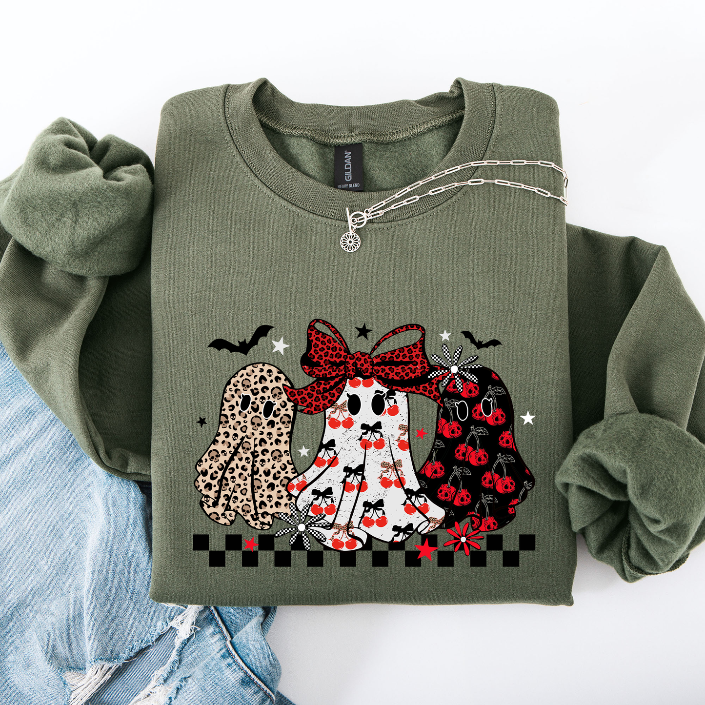 Retro Halloween Ghosts, Checkered, Pattern Sweatshirt