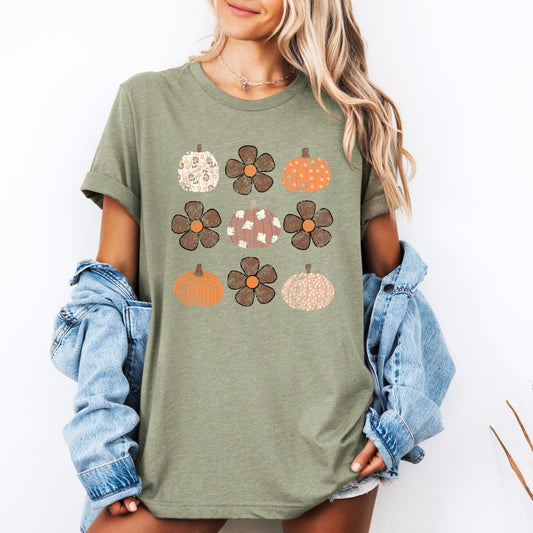 Retro Halloween, Flowers, Pumpkins, Patterned, Autumn, Fall, Tshirt