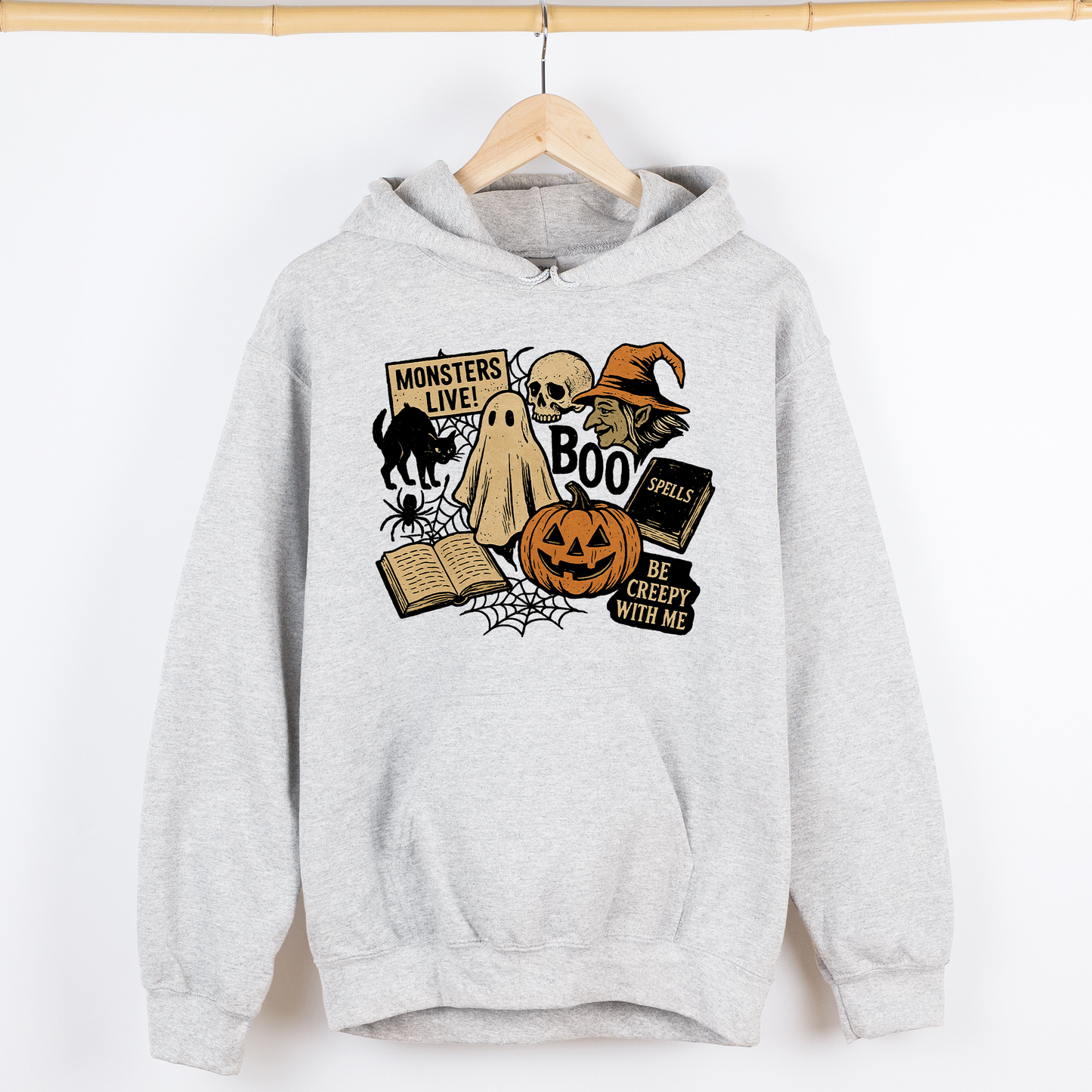 Retro Halloween, Monsters, Witch, Creepy, Graphic Hoodie, Hooded Sweatshirt