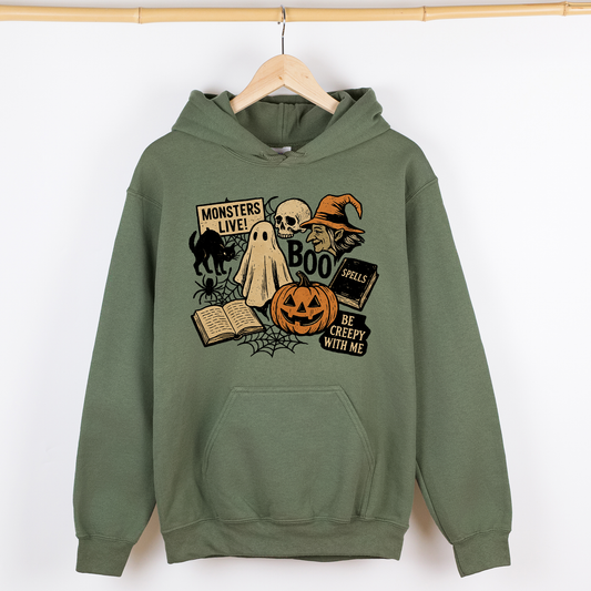 Retro Halloween, Monsters, Witch, Creepy, Graphic Hoodie, Hooded Sweatshirt