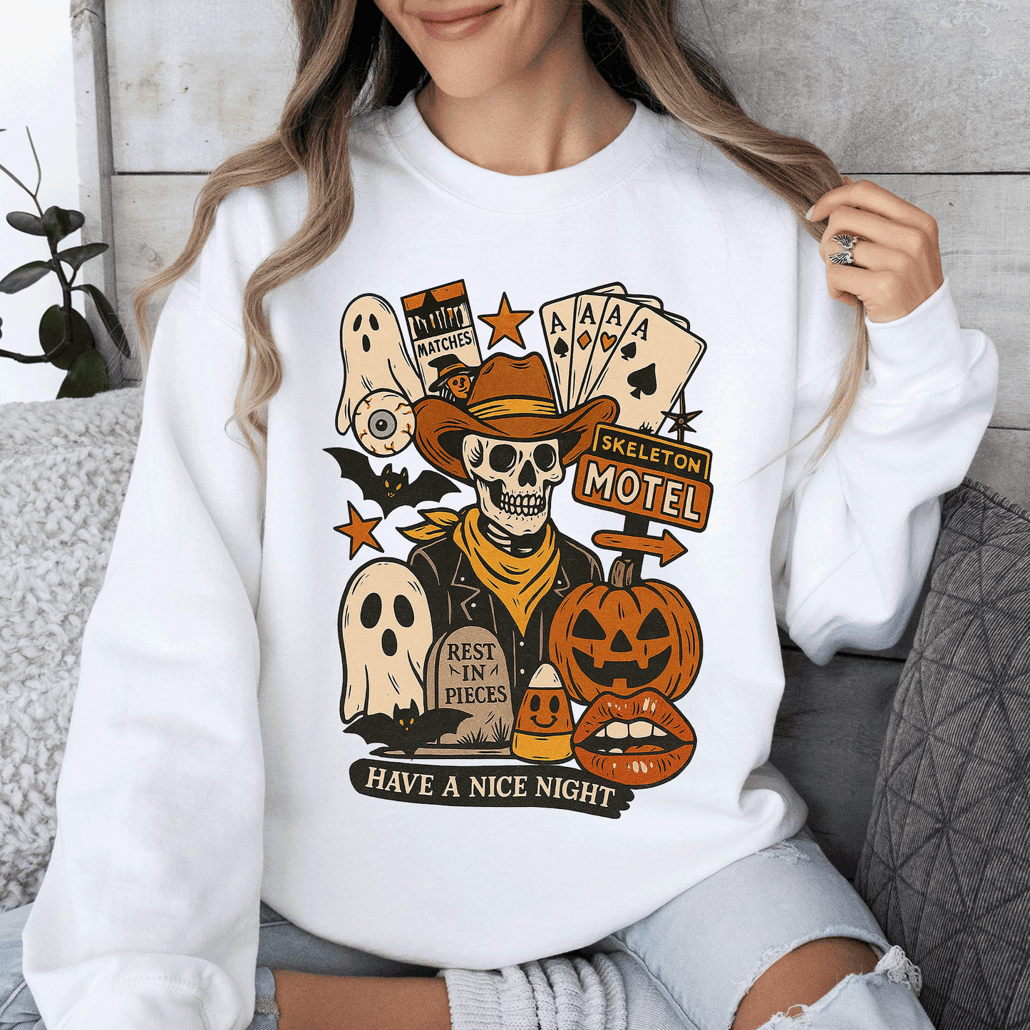 Retro Skeleton Motel, Classic, Vintage Halloween Sweatshirt