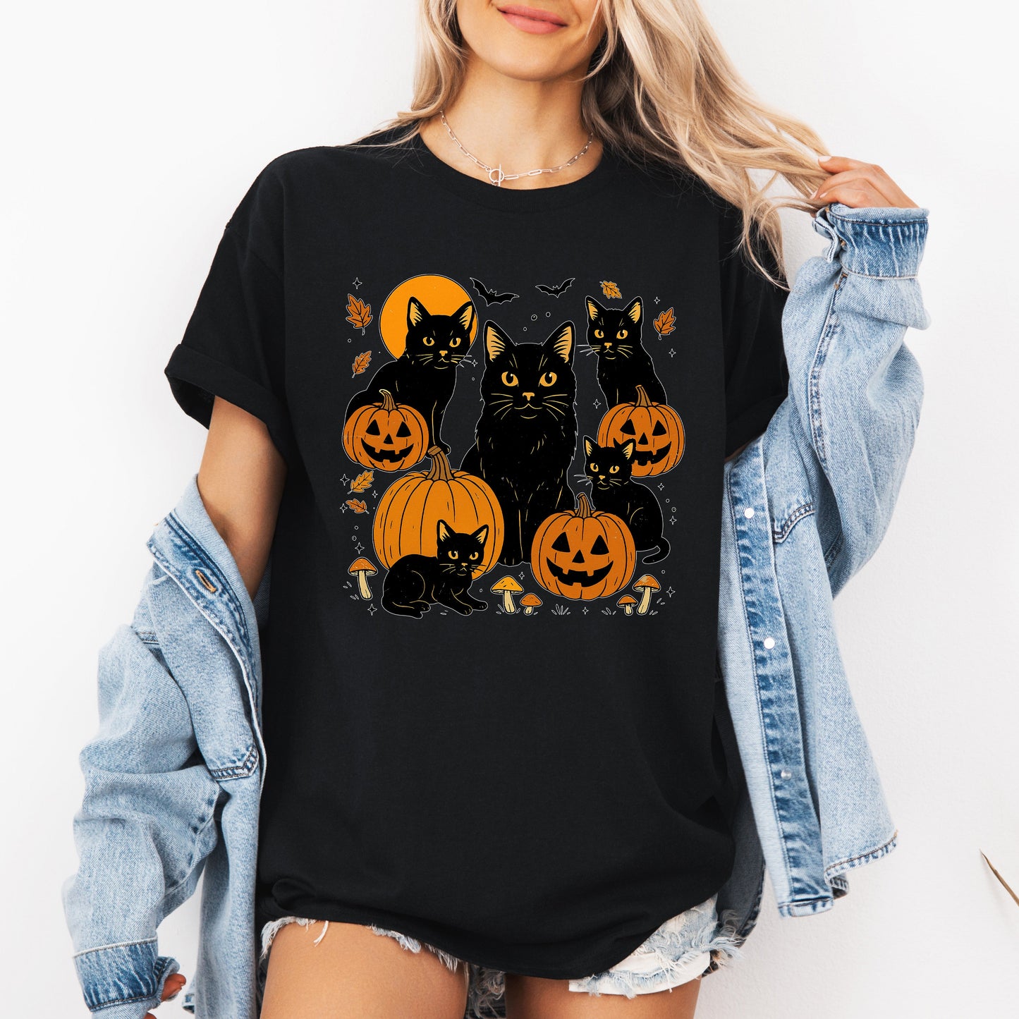 Retro Black Cats, Pumpkins, Halloween, Spooky, Tshirt