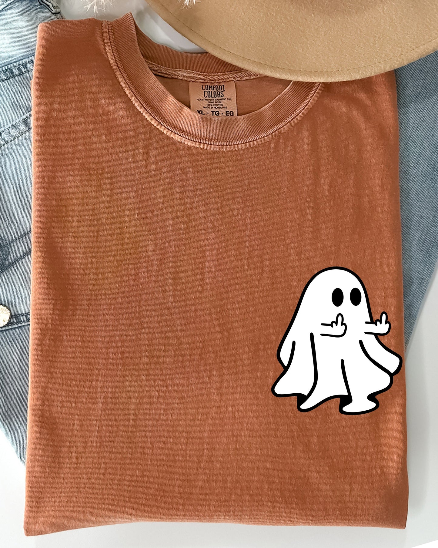 Rude Ghost Pocket Print, Middle Finger, Crude, Vulgar, Funny, Meme, Halloween Shirt Comfort Colors T-Shirt