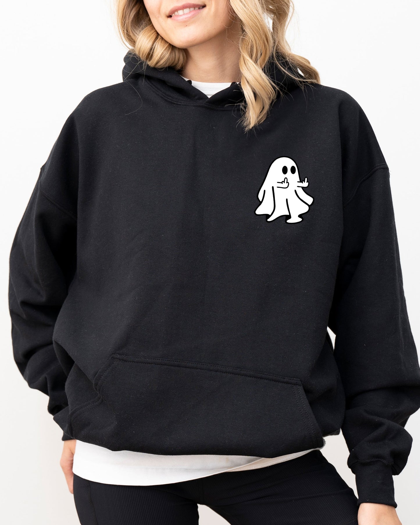 Rude Ghost Pocket Print, Middle Finger, Crude, Vulgar, Funny, Meme, Halloween Hooded Sweatshirt