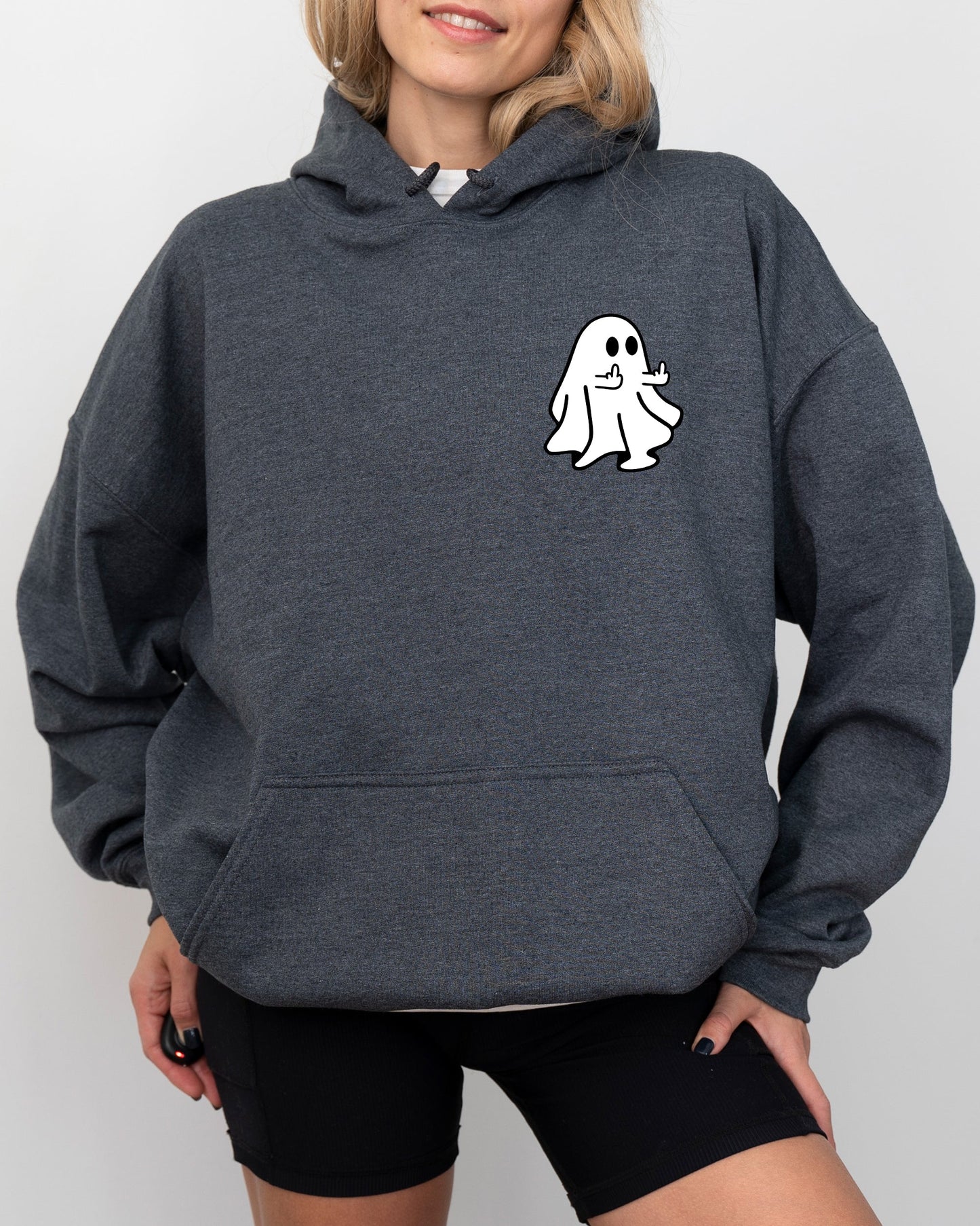 Rude Ghost Pocket Print, Middle Finger, Crude, Vulgar, Funny, Meme, Halloween Hooded Sweatshirt