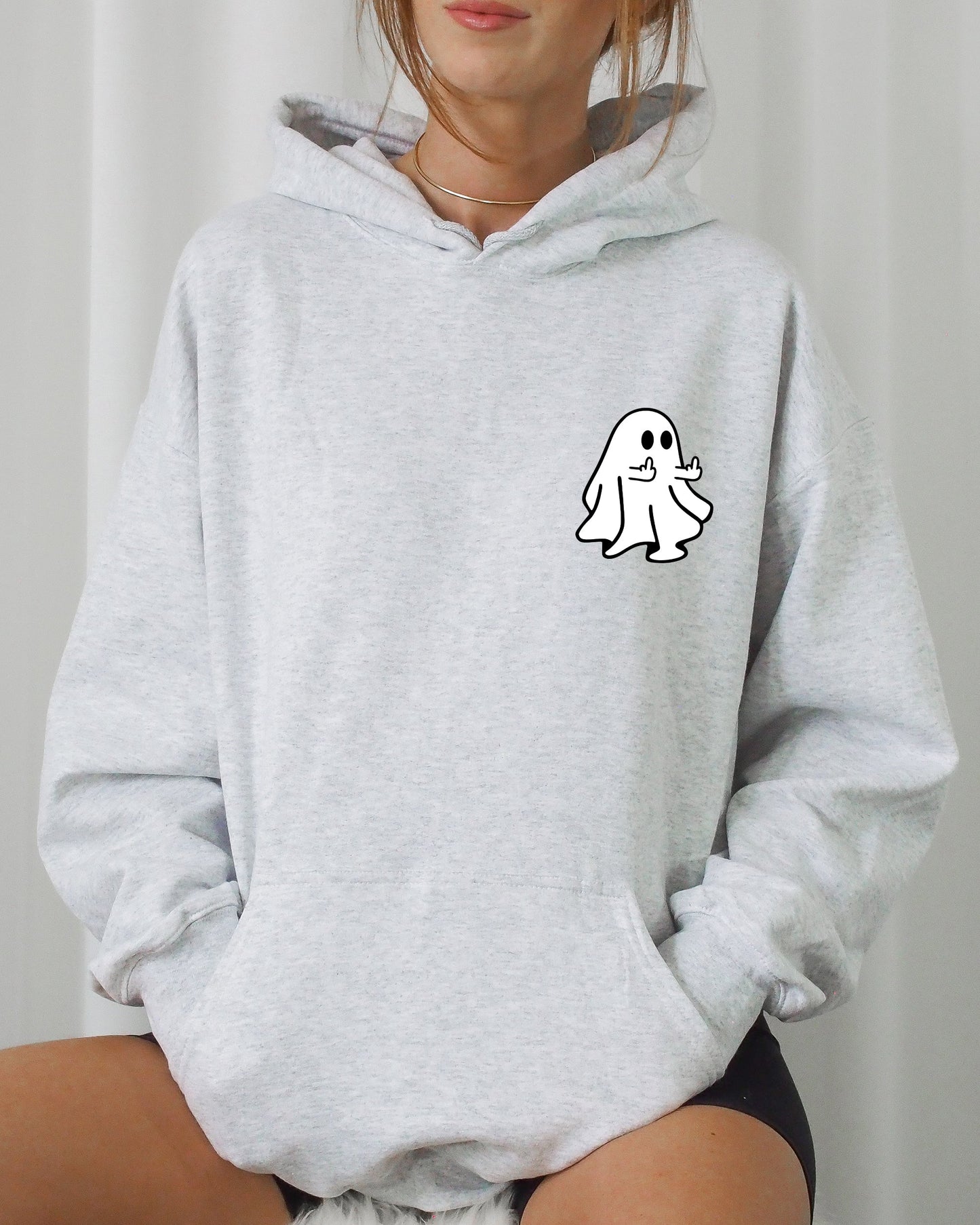 Rude Ghost Pocket Print, Middle Finger, Crude, Vulgar, Funny, Meme, Halloween Hooded Sweatshirt