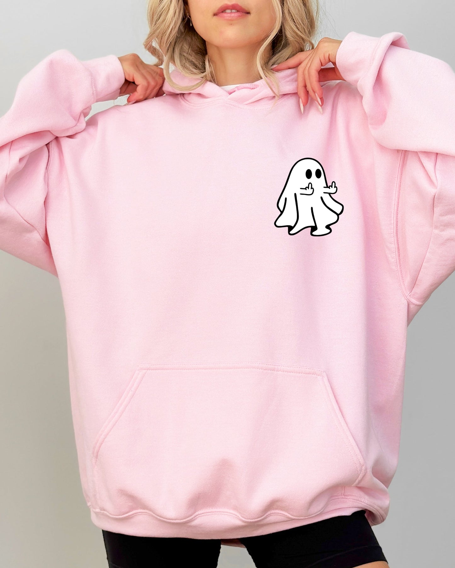 Rude Ghost Pocket Print, Middle Finger, Crude, Vulgar, Funny, Meme, Halloween Hooded Sweatshirt