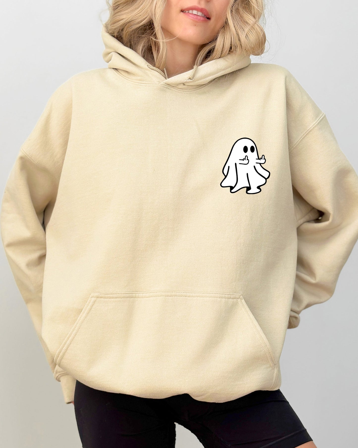 Rude Ghost Pocket Print, Middle Finger, Crude, Vulgar, Funny, Meme, Halloween Hooded Sweatshirt